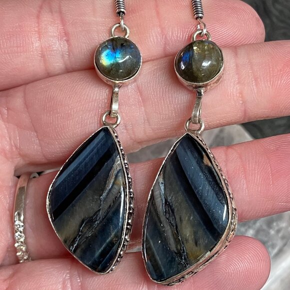 Labradorite and Blue Tigers Eye Hawk Eye Earrings Stone Crystal Jewelry - Picture 1 of 11